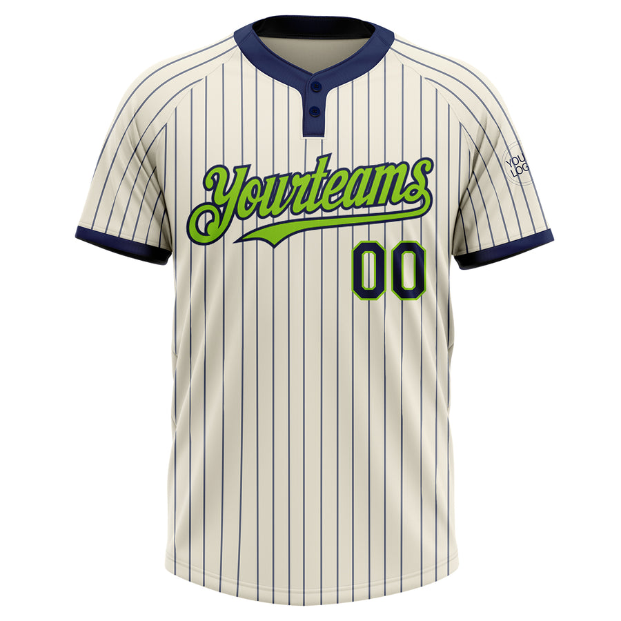 Custom Cream Navy Pinstripe Neon Green Two-Button Unisex Softball Jersey