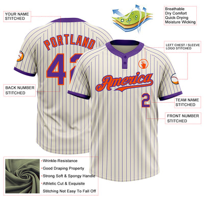 Custom Cream Purple Pinstripe Orange Two-Button Unisex Softball Jersey