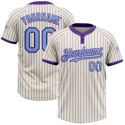 Custom Cream Purple Pinstripe Light Blue Two-Button Unisex Softball Jersey