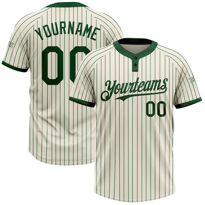 Custom Cream Green Pinstripe Green Two-Button Unisex Softball Jersey