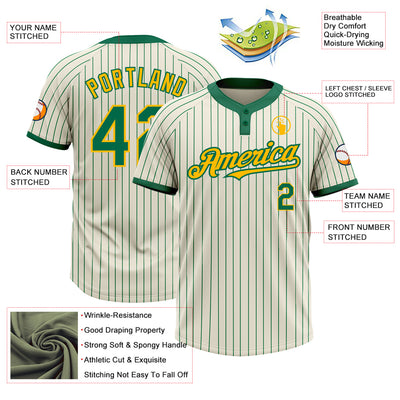 Custom Cream Kelly Green Pinstripe Gold Two-Button Unisex Softball Jersey