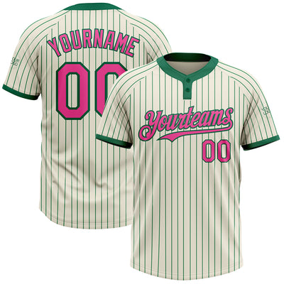 Custom Cream Kelly Green Pinstripe Pink Two-Button Unisex Softball Jersey