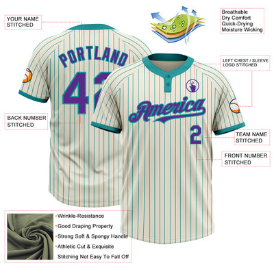 Custom Cream Teal Pinstripe Purple Two-Button Unisex Softball Jersey