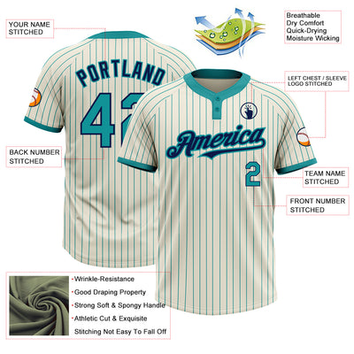 Custom Cream Teal Pinstripe Navy Two-Button Unisex Softball Jersey