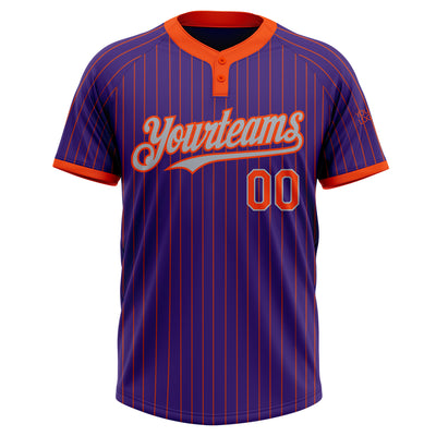 Custom Purple Orange Pinstripe Gray Two-Button Unisex Softball Jersey