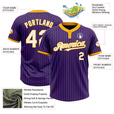 Custom Purple Gold Pinstripe White Two-Button Unisex Softball Jersey