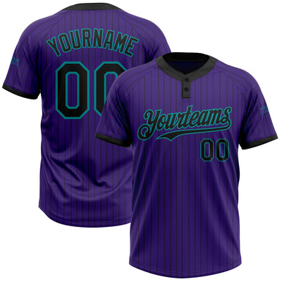 Custom Purple Black Pinstripe Teal Two-Button Unisex Softball Jersey