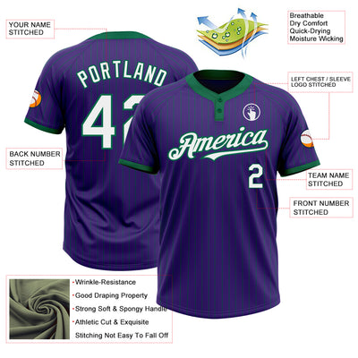 Custom Purple Kelly Green Pinstripe White Two-Button Unisex Softball Jersey