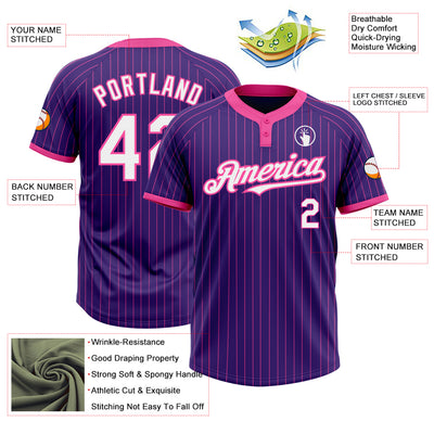 Custom Purple Pink Pinstripe White Two-Button Unisex Softball Jersey