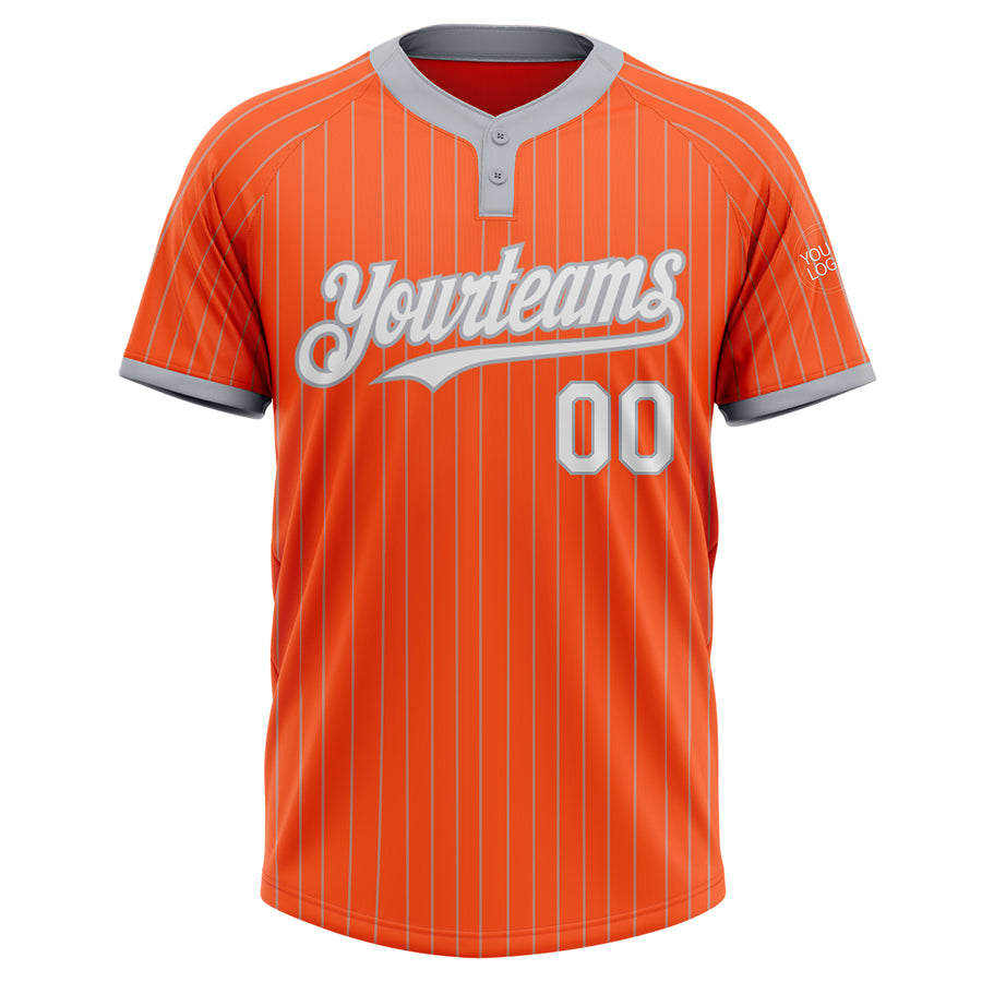 Custom Orange Gray Pinstripe White Two-Button Unisex Softball Jersey