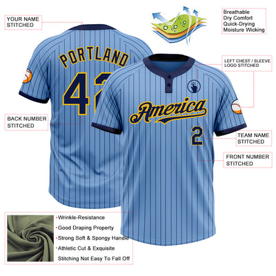 Custom Light Blue Navy Pinstripe Gold Two-Button Unisex Softball Jersey