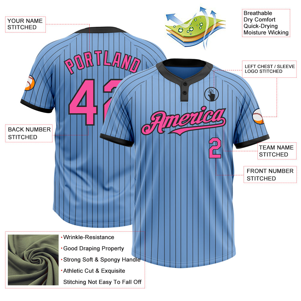 Custom Light Blue Black Pinstripe Pink Two-Button Unisex Softball Jersey