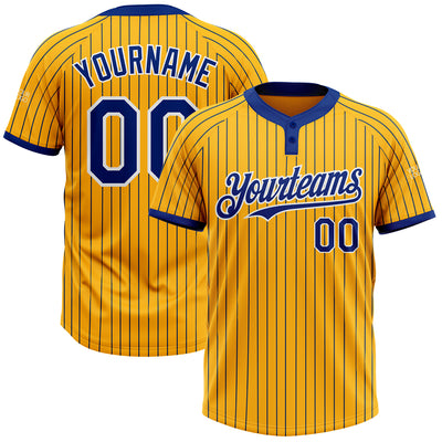 Custom Gold Royal Pinstripe White Two-Button Unisex Softball Jersey