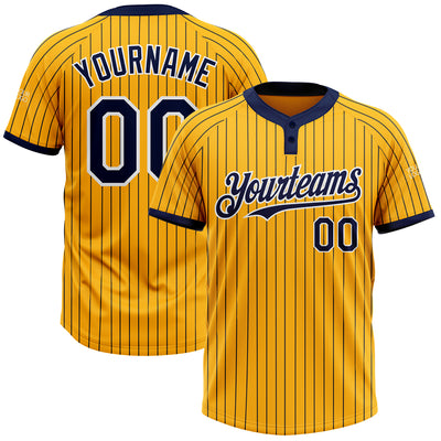 Custom Gold Navy Pinstripe White Two-Button Unisex Softball Jersey