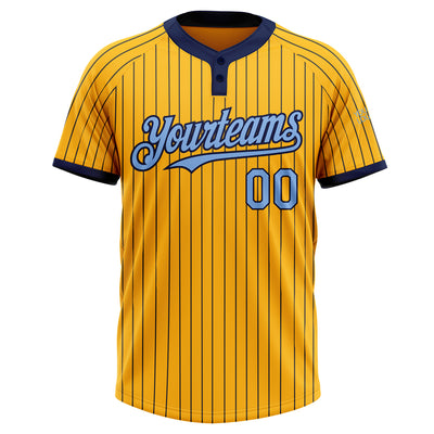 Custom Gold Navy Pinstripe Light Blue Two-Button Unisex Softball Jersey