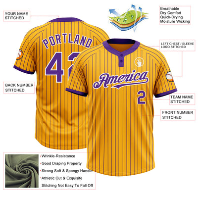 Custom Gold Purple Pinstripe White Two-Button Unisex Softball Jersey