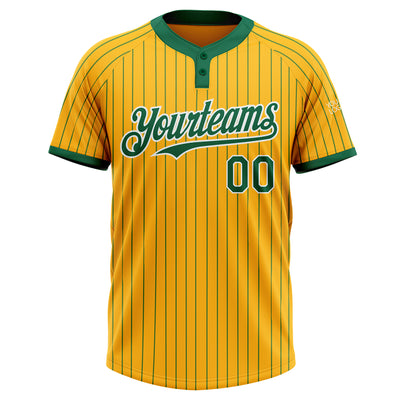 Custom Gold Kelly Green Pinstripe White Two-Button Unisex Softball Jersey