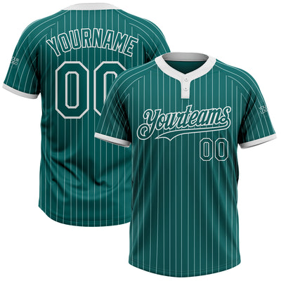 Custom Teal White Pinstripe White Two-Button Unisex Softball Jersey