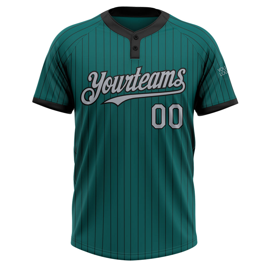 Custom Teal Black Pinstripe Gray Two-Button Unisex Softball Jersey