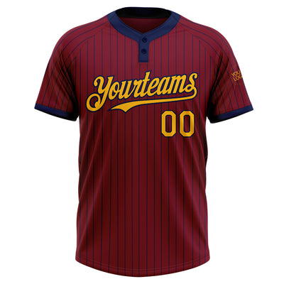 Custom Crimson Navy Pinstripe Gold Two-Button Unisex Softball Jersey