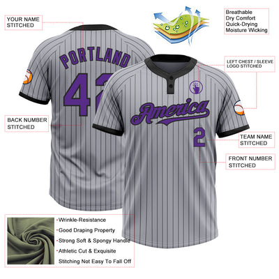 Custom Gray Black Pinstripe Purple Two-Button Unisex Softball Jersey