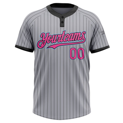 Custom Gray Black Pinstripe Pink-Light Blue Two-Button Unisex Softball Jersey