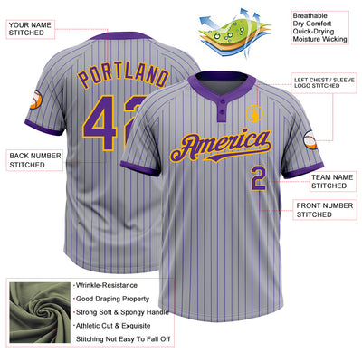 Custom Gray Purple Pinstripe Gold Two-Button Unisex Softball Jersey