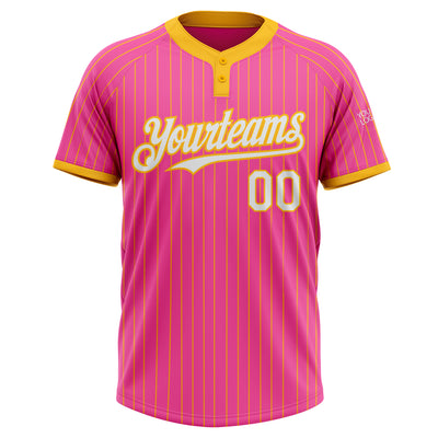 Custom Pink Gold Pinstripe White Two-Button Unisex Softball Jersey