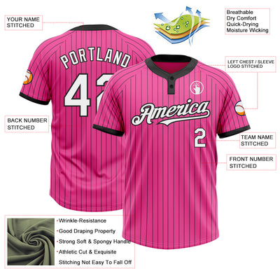 Custom Pink Black Pinstripe White Two-Button Unisex Softball Jersey