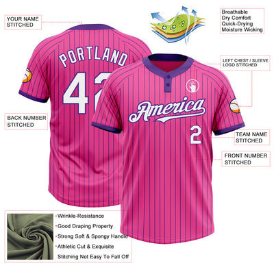 Custom Pink Purple Pinstripe White Two-Button Unisex Softball Jersey