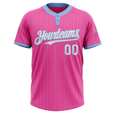 Custom Pink Light Blue Pinstripe White Two-Button Unisex Softball Jersey