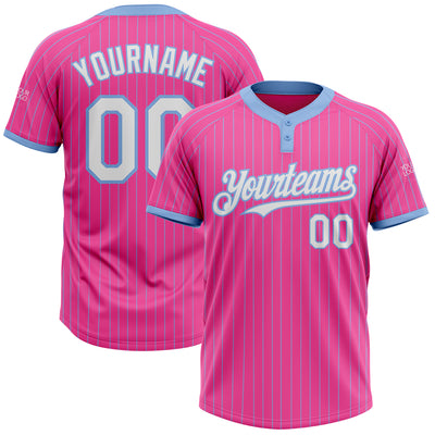 Custom Pink Light Blue Pinstripe White Two-Button Unisex Softball Jersey