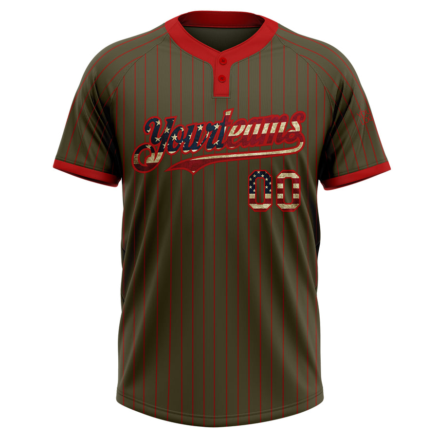 Custom Olive Red Pinstripe Vintage USA Flag Salute To Service Two-Button Unisex Softball Jersey