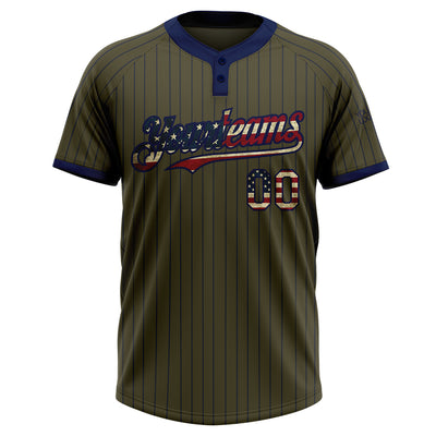 Custom Olive Navy Pinstripe Vintage USA Flag Salute To Service Two-Button Unisex Softball Jersey