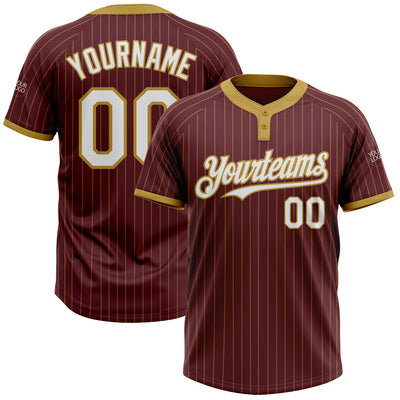 Custom Burgundy Old Gold Pinstripe White Two-Button Unisex Softball Jersey