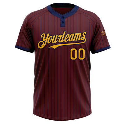 Custom Burgundy Navy Pinstripe Gold Two-Button Unisex Softball Jersey