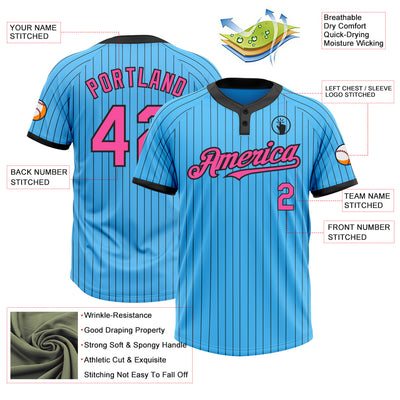 Custom Sky Blue Black Pinstripe Pink Two-Button Unisex Softball Jersey