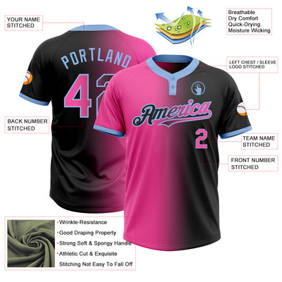 Custom Black Pink-Light Blue Gradient Fashion Two-Button Unisex Softball Jersey