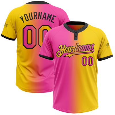 Custom Yellow Pink-Black Gradient Fashion Two-Button Unisex Softball Jersey