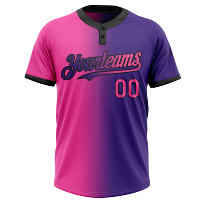 Custom Purple Pink-Black Gradient Fashion Two-Button Unisex Softball Jersey