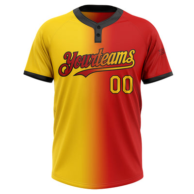 Custom Red Yellow-Black Gradient Fashion Two-Button Unisex Softball Jersey