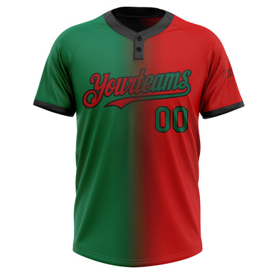 Custom Red Kelly Green-Black Gradient Fashion Two-Button Unisex Softball Jersey