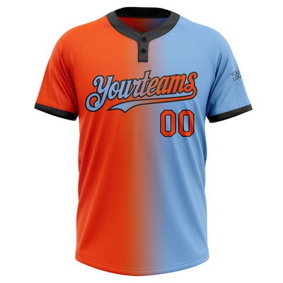 Custom Light Blue Orange-Black Gradient Fashion Two-Button Unisex Softball Jersey