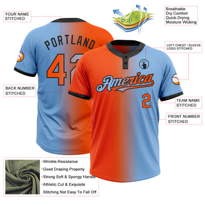 Custom Light Blue Orange-Black Gradient Fashion Two-Button Unisex Softball Jersey