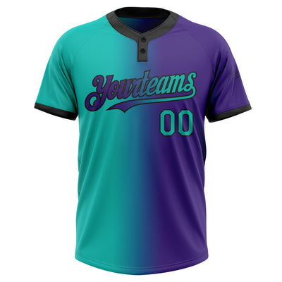 Custom Purple Aqua-Black Gradient Fashion Two-Button Unisex Softball Jersey