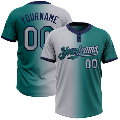 Custom Teal Gray-Navy Gradient Fashion Two-Button Unisex Softball Jersey