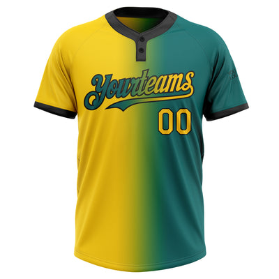 Custom Teal Yellow-Black Gradient Fashion Two-Button Unisex Softball Jersey