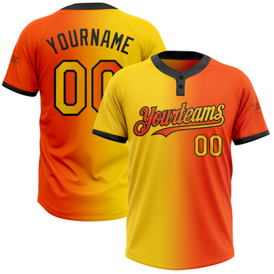 Custom Orange Yellow-Black Gradient Fashion Two-Button Unisex Softball Jersey