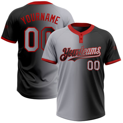 Custom Black Gray-Red Gradient Fashion Two-Button Unisex Softball Jersey