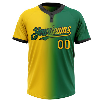 Custom Kelly Green Yellow-Black Gradient Fashion Two-Button Unisex Softball Jersey